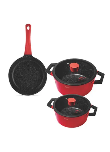 5 Pcs 24/28cm Nonstick Toughened Casserole Multi-Cookware Set With 24cm Frypan &amp; 2 Glass Lids CA002-S01 - Black &amp; Red