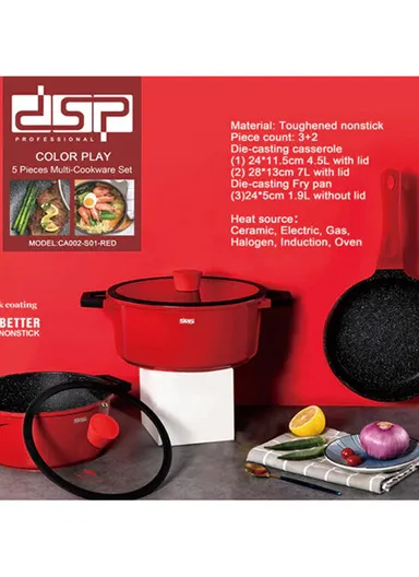 5 Pcs 24/28cm Nonstick Toughened Casserole Multi-Cookware Set With 24cm Frypan &amp; 2 Glass Lids CA002-S01 - Black &amp; Red