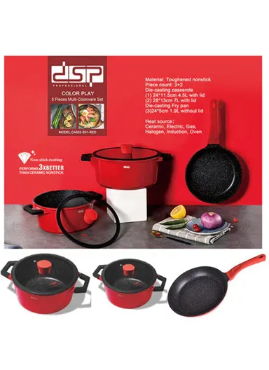 5 Pcs 24/28cm Nonstick Toughened Casserole Multi-Cookware Set With 24cm Frypan &amp; 2 Glass Lids CA002-S01 - Black &amp; Red