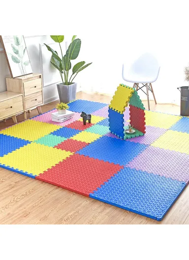 4 Pcs Leaf Pattern Puzzle Exercise Mat EVA Foam Interlocking Tiles, Kids Play Mat, Protective Flooring for Gym Equipment, Interlocking Foam Mat (L60 x W60 x T1)cm - Red+Green+Blue+Yellow