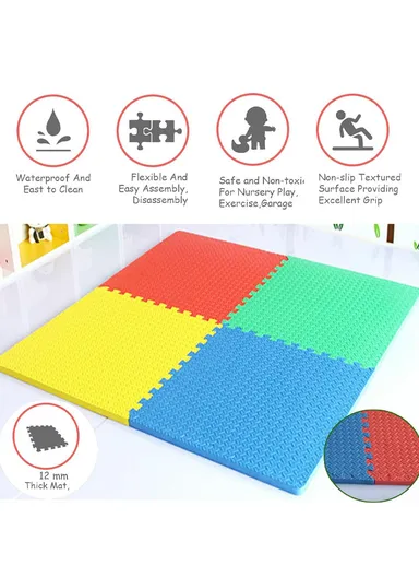 4 Pcs Leaf Pattern Puzzle Exercise Mat EVA Foam Interlocking Tiles, Kids Play Mat, Protective Flooring for Gym Equipment, Interlocking Foam Mat (L60 x W60 x T1)cm - Red+Green+Blue+Yellow