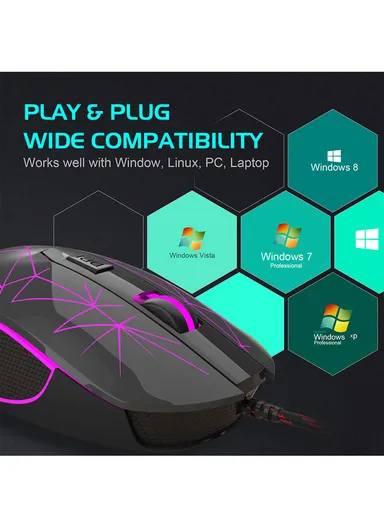 Wired Gaming Mouse, Ergonomic USB Optical Mouse with 7 Colors Breathing LED Backlit, 6 Adjustable Speed Levels from 600 to 3200 for Laptop PC Computer Games &amp; Work G6 - Black