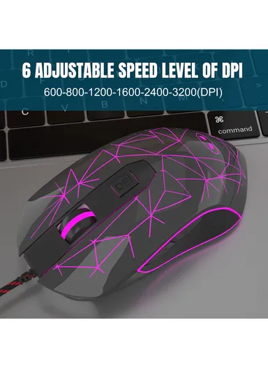 Wired Gaming Mouse, Ergonomic USB Optical Mouse with 7 Colors Breathing LED Backlit, 6 Adjustable Speed Levels from 600 to 3200 for Laptop PC Computer Games &amp; Work G6 - Black