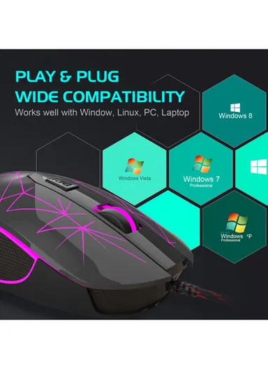 Wired Gaming Mouse, Ergonomic USB Optical Mouse with 7 Colors Breathing LED Backlit, 6 Adjustable Speed Levels from 600 to 3200 for Laptop PC Computer Games &amp; Work G6 - Black