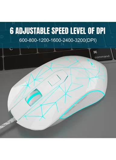 Wired Gaming Mouse, Ergonomic USB Optical Mouse with 7 Colors Breathing LED Backlit, 6 Adjustable Speed Levels from 600 to 3200 for Laptop PC Computer Games &amp; Work G6 - White