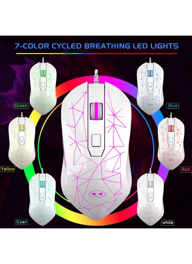 Wired Gaming Mouse, Ergonomic USB Optical Mouse with 7 Colors Breathing LED Backlit, 6 Adjustable Speed Levels from 600 to 3200 for Laptop PC Computer Games &amp; Work G6 - White