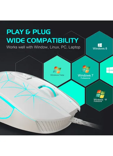Wired Gaming Mouse, Ergonomic USB Optical Mouse with 7 Colors Breathing LED Backlit, 6 Adjustable Speed Levels from 600 to 3200 for Laptop PC Computer Games &amp; Work G6 - White