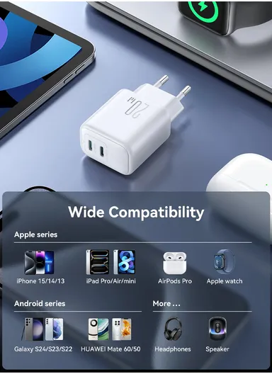 20W Dual-Port Fast Charger Superfast Charging for Samsung &amp; iPhones with 6-Point Safety Protection JR-TCF12 - White