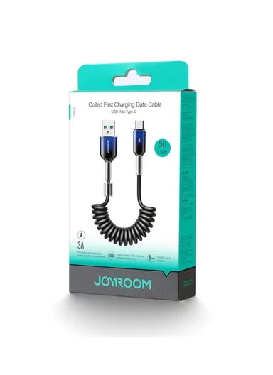 1.5m 60W Crystal-Clear Series Coiled Fast Charging Data Cable USB-A to Type-C S-A43 - Black