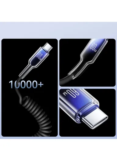 1.5m 60W Crystal-Clear Series Coiled Fast Charging Data Cable Type-C to Type-C S-A43 - Black