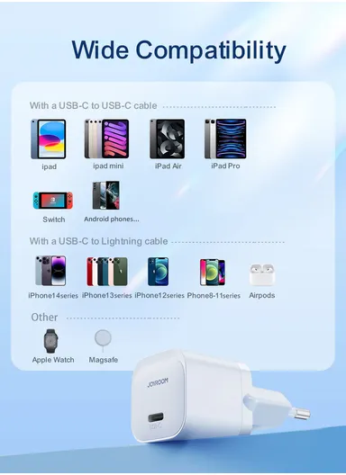 20W Mini Charger with C to C Cable Compact &amp; Fast Charging with PD3.0, QC3.0 Support JR-TCF02 - White