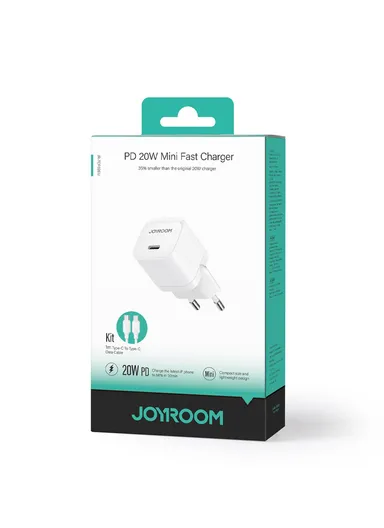 20W Mini Charger with C to C Cable Compact &amp; Fast Charging with PD3.0, QC3.0 Support JR-TCF02 - White
