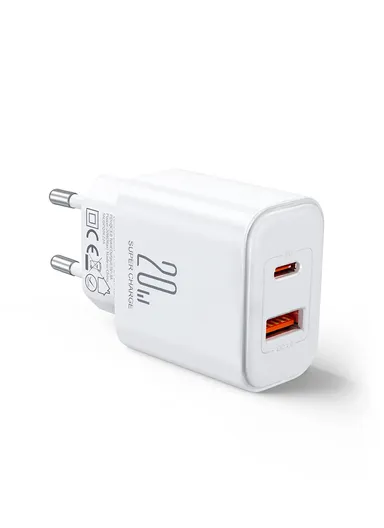 20W Flash Series A+C Dual-Port Charger Fast Charging with PD3.0 &amp; QC3.0 Support JR-TCF05 - White