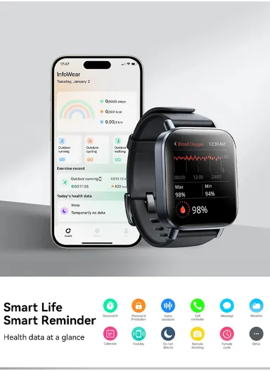 JR-FT3S 340mAh 1.96” HD Display Fit-life Series Smart Watch Answer / Make Call -  Titanium