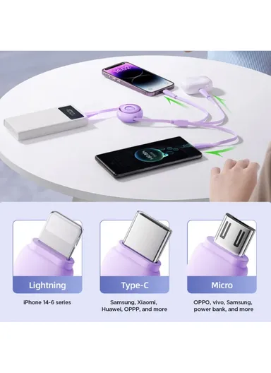 3.5A 1m 3-in-1 Mini Retractable Charging Cable S-A40 - Purple