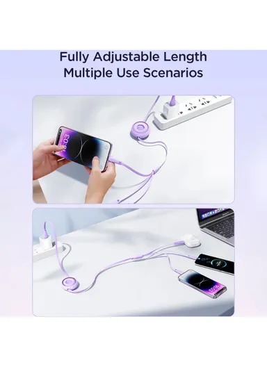 3.5A 1m 3-in-1 Mini Retractable Charging Cable S-A40 - Purple