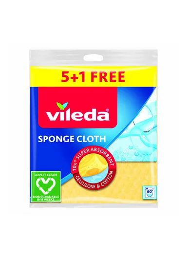 Vileda Sponge Cloth 5 Pcs + 1 Free 100% Natural Materials, Super Absorbent, Durable