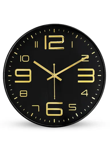 25cm Decorative Round Wall Clock Non-Ticking Battery Operated For Home, Office &amp; School - Black