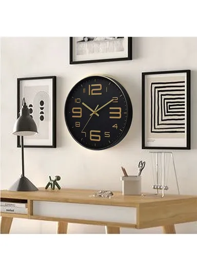 25cm Decorative Round Wall Clock Non-Ticking Battery Operated For Home, Office &amp; School - Black