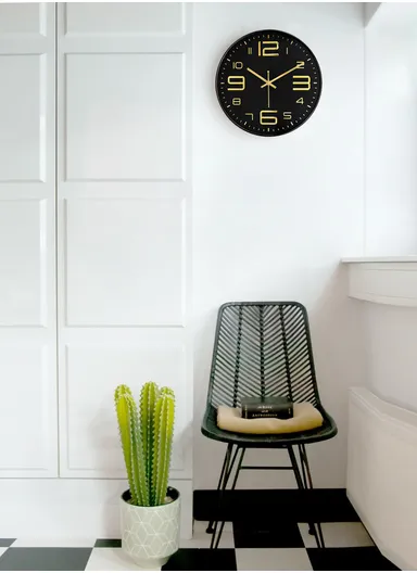 25cm Decorative Round Wall Clock Non-Ticking Battery Operated For Home, Office &amp; School - Black