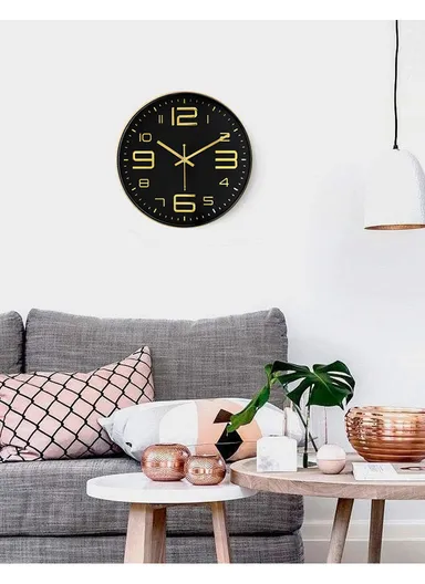 25cm Decorative Round Wall Clock Non-Ticking Battery Operated For Home, Office &amp; School - Black