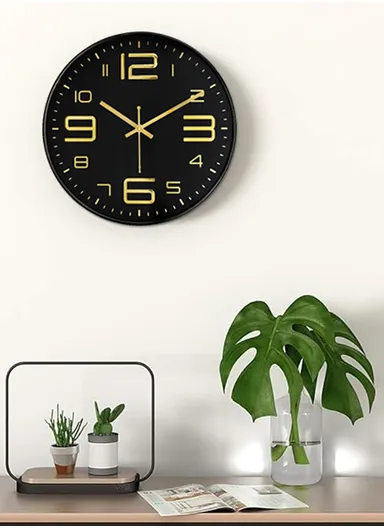 25cm Decorative Round Wall Clock Non-Ticking Battery Operated For Home, Office &amp; School - Black