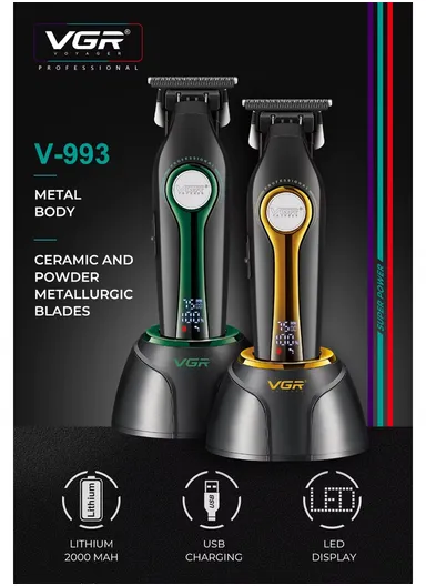 Professional Rechargeable Cordless Ceramic Blades Hair Clipper With LED Display V-993 - Black &amp; Gold