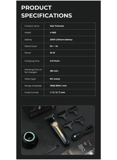 Professional Rechargeable Cordless Ceramic Blades Hair Clipper With LED Display V-993 - Black &amp; Gold