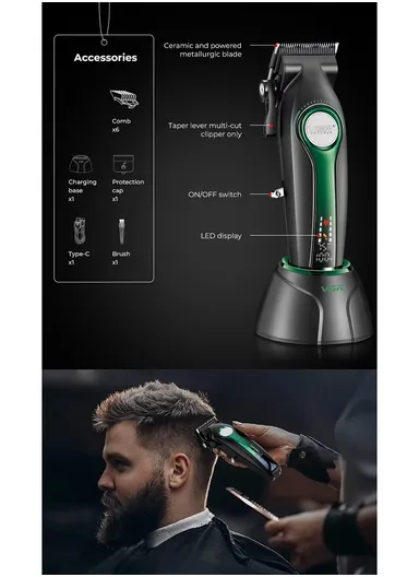Professional Rechargeable Cordless Stainless Steel Blades Hair Clipper With LED Display V-010