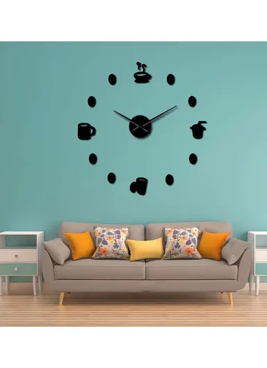 120cm 3D DIY Frameless Acrylic Coffee Machine Silent Wall Clock, Battery Power Clock for Living Room, Office, Bedroom Room &amp; Decoration - Black
