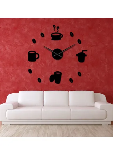 120cm 3D DIY Frameless Acrylic Coffee Machine Silent Wall Clock, Battery Power Clock for Living Room, Office, Bedroom Room &amp; Decoration - Black