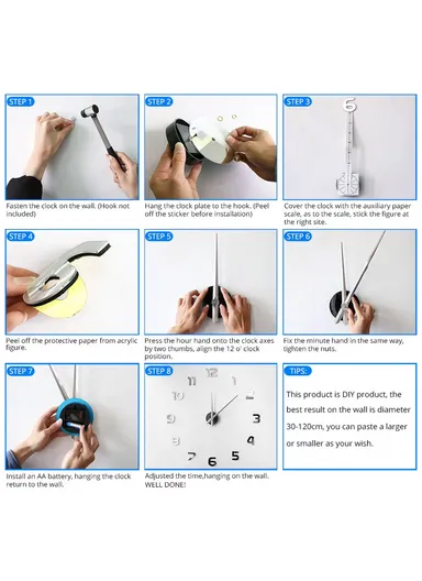 120cm 3D DIY Frameless Acrylic Coffee Machine Silent Wall Clock, Battery Power Clock for Living Room, Office, Bedroom Room &amp; Decoration - Black