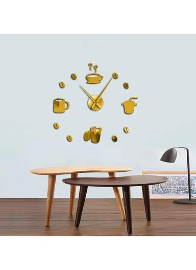 120cm 3D DIY Frameless Acrylic Coffee Machine Silent Wall Clock, Battery Power Clock for Living Room, Office, Bedroom Room &amp; Decoration - Gold