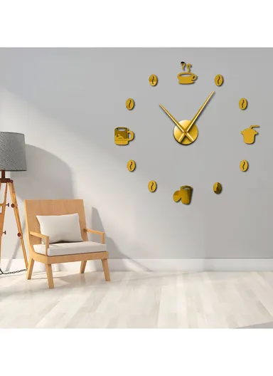 120cm 3D DIY Frameless Acrylic Coffee Machine Silent Wall Clock, Battery Power Clock for Living Room, Office, Bedroom Room &amp; Decoration - Gold