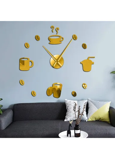 120cm 3D DIY Frameless Acrylic Coffee Machine Silent Wall Clock, Battery Power Clock for Living Room, Office, Bedroom Room &amp; Decoration - Gold