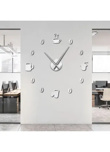 120cm 3D DIY Frameless Acrylic Coffee Machine Silent Wall Clock, Battery Power Clock for Living Room, Office, Bedroom Room &amp; Decoration - Silver