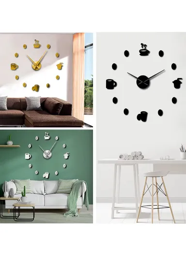 120cm 3D DIY Frameless Acrylic Coffee Machine Silent Wall Clock, Battery Power Clock for Living Room, Office, Bedroom Room &amp; Decoration - Silver