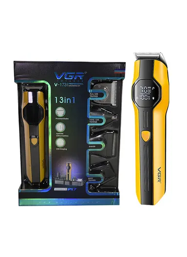13-in-1 Professional Rechargeable Cordless Shaving Machine Set with Stainless Steel Blades, Adjustable Taper Lever Hair Clipper with LED Display &amp; USB-C Charging V-173 – Yellow 