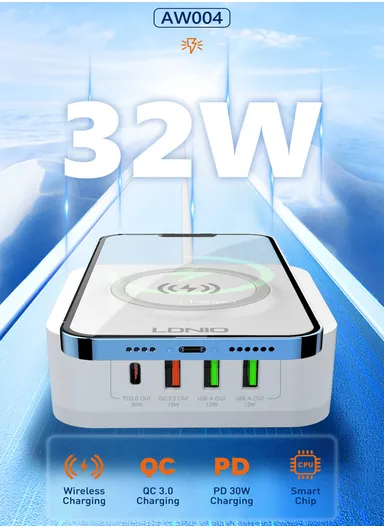 32W 5 In 1 Desktop Wireless Charging Station with 15W Wireless + PD30W+ QC18W+2Auto-ID Fast charger AW004