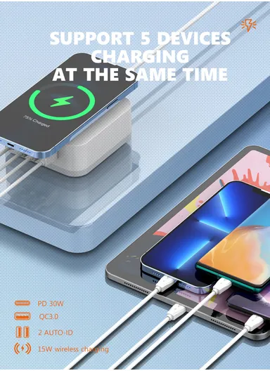 32W 5 In 1 Desktop Wireless Charging Station with 15W Wireless + PD30W+ QC18W+2Auto-ID Fast charger AW004