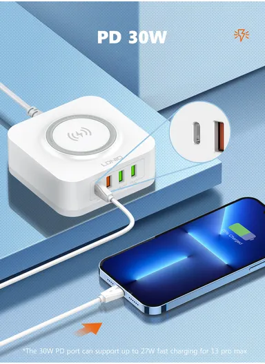 32W 5 In 1 Desktop Wireless Charging Station with 15W Wireless + PD30W+ QC18W+2Auto-ID Fast charger AW004