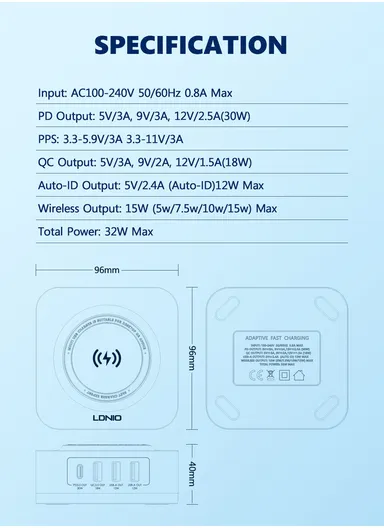 32W 5 In 1 Desktop Wireless Charging Station with 15W Wireless + PD30W+ QC18W+2Auto-ID Fast charger AW004