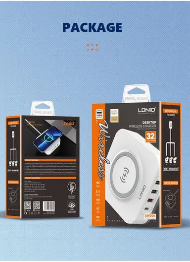 32W 5 In 1 Desktop Wireless Charging Station with 15W Wireless + PD30W+ QC18W+2Auto-ID Fast charger AW004