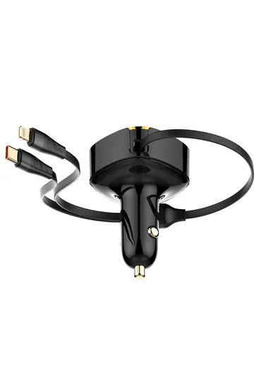 30W Ultra Fast Car Charger High Power Single Built-in Wired Type-C &amp; Lightning Fast Charging C107 - Black