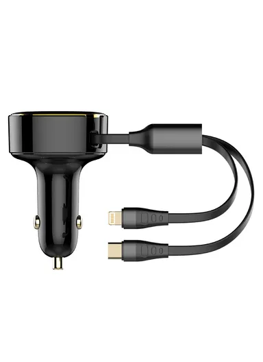 30W Ultra Fast Car Charger High Power Single Built-in Wired Type-C &amp; Lightning Fast Charging C107 - Black