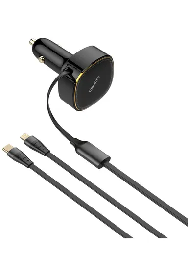 30W Ultra Fast Car Charger High Power Single Built-in Wired Type-C &amp; Lightning Fast Charging C107 - Black