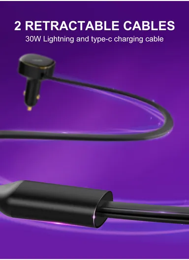 30W Ultra Fast Car Charger High Power Single Built-in Wired Type-C &amp; Lightning Fast Charging C107 - Black