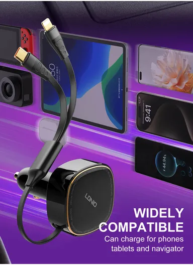 30W Ultra Fast Car Charger High Power Single Built-in Wired Type-C &amp; Lightning Fast Charging C107 - Black