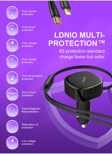 30W Ultra Fast Car Charger High Power Single Built-in Wired Type-C &amp; Lightning Fast Charging C107 - Black