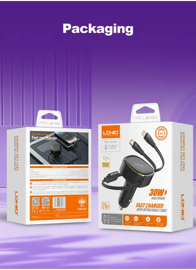 30W Ultra Fast Car Charger High Power Single Built-in Wired Type-C &amp; Lightning Fast Charging C107 - Black